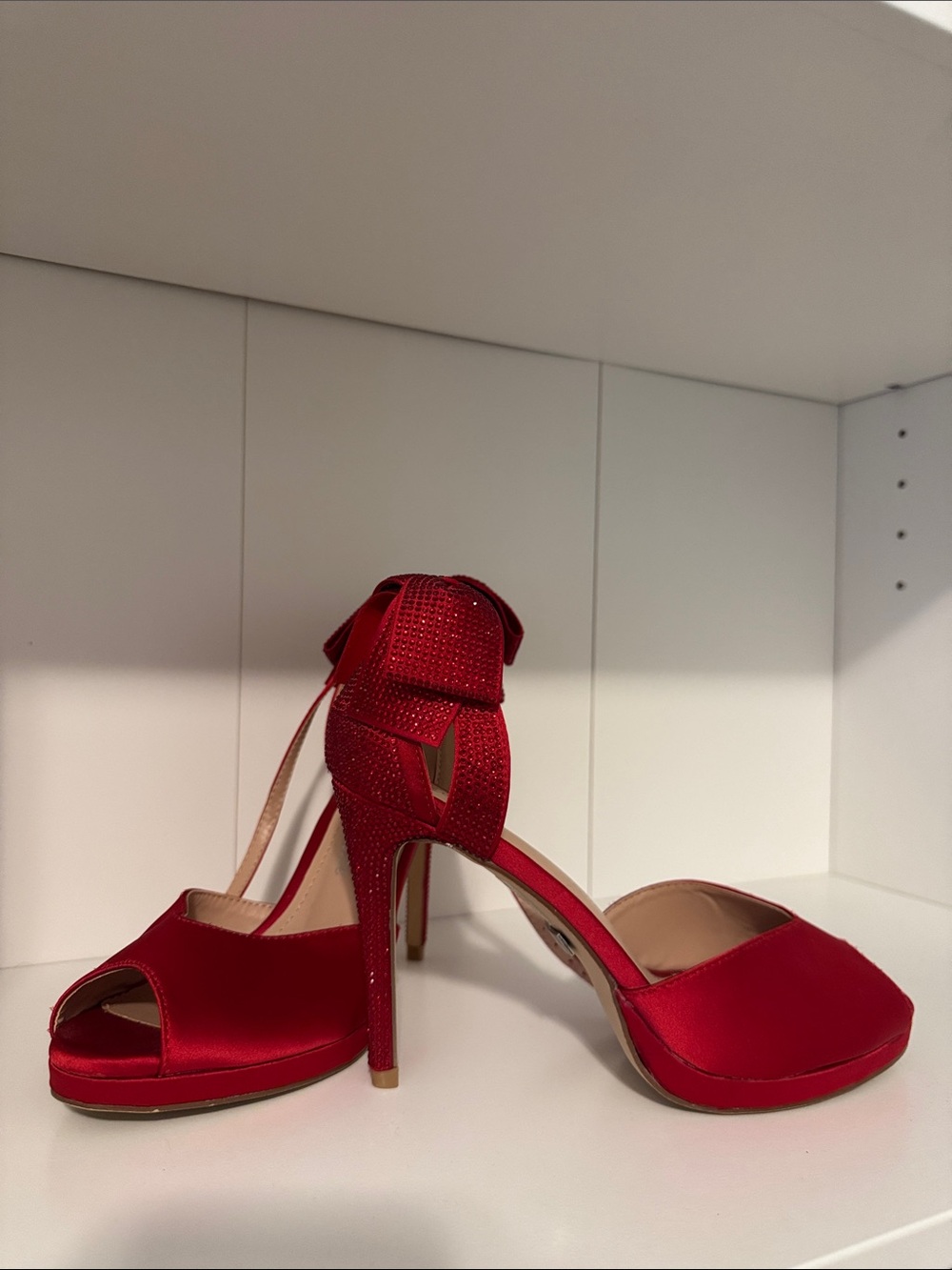 Red Satin Peep-Toe High Heels with Sparkling Ankle Bow